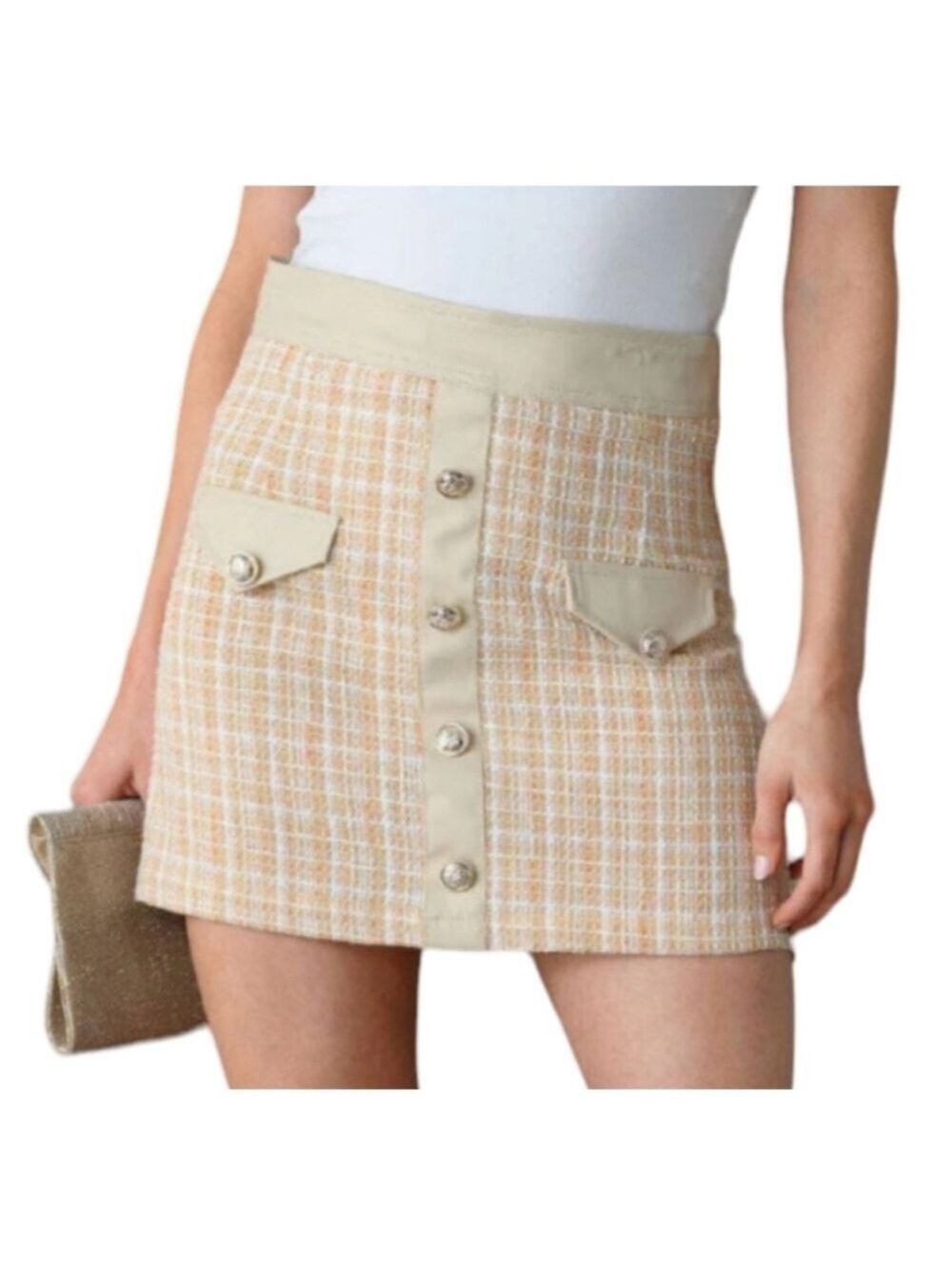 NWT Milk & Honey Beige Tweed Mini Skirt, L